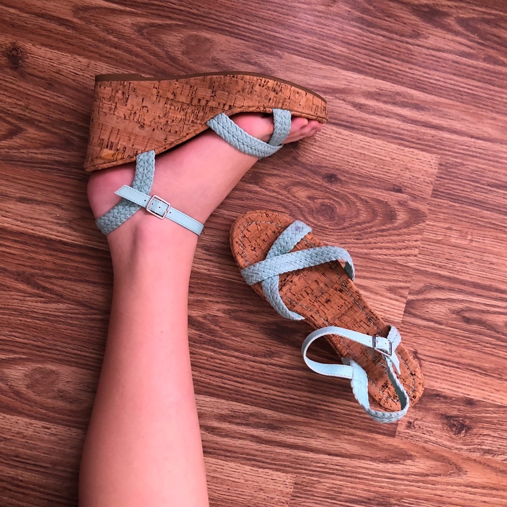Baby blue wedge heels